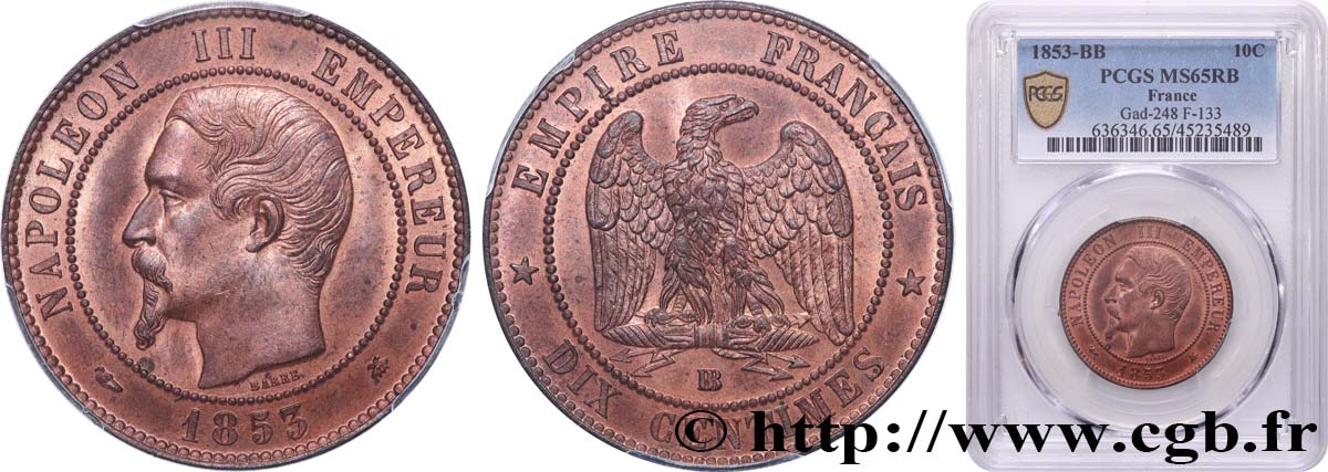 Dix centimes Napoléon III, tête nue 1853 Strasbourg F.133/4 FDC65 PCGS