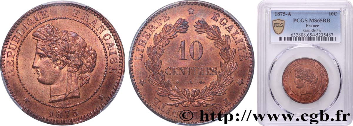 10 centimes Cérès 1875 Paris F.135/14 ST65 PCGS