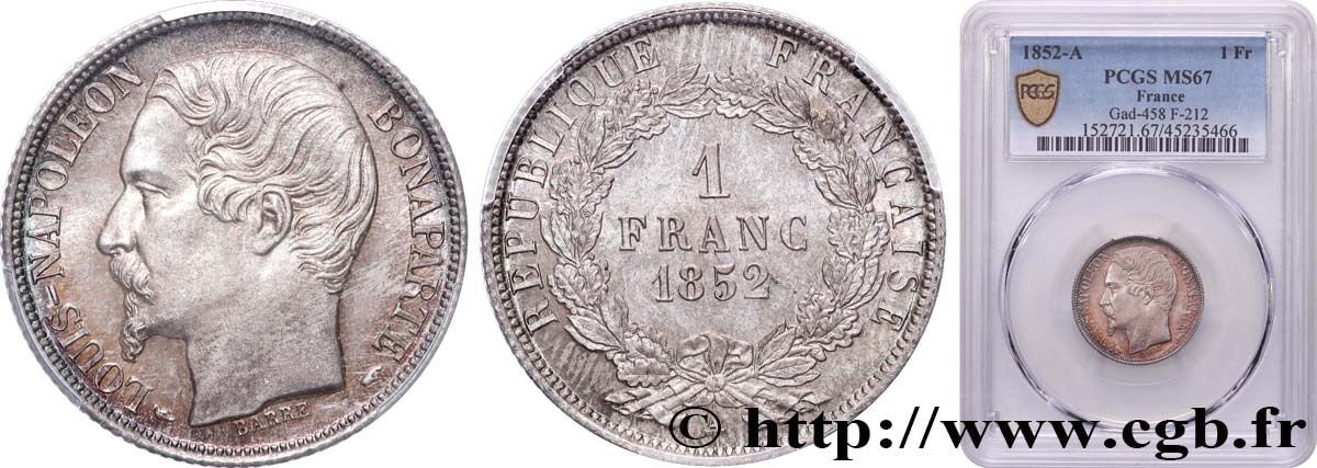 1 franc Louis-Napoléon 1852 Paris F.212/1 ST67 PCGS