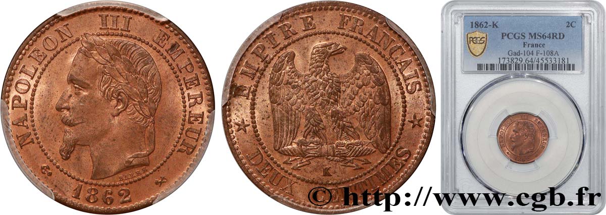 Deux centimes Napoléon III, tête laurée 1862 Bordeaux F.108A/7 SPL64 PCGS