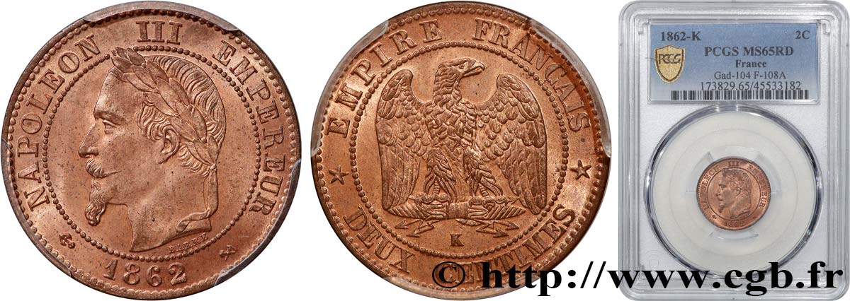 Deux centimes Napoléon III, tête laurée 1862 Bordeaux F.108A/7 ST65 PCGS