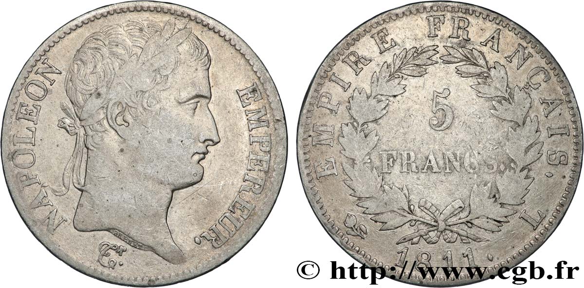 5 francs Napoléon Empereur, Empire français 1811 Bayonne F.307/34 TB 