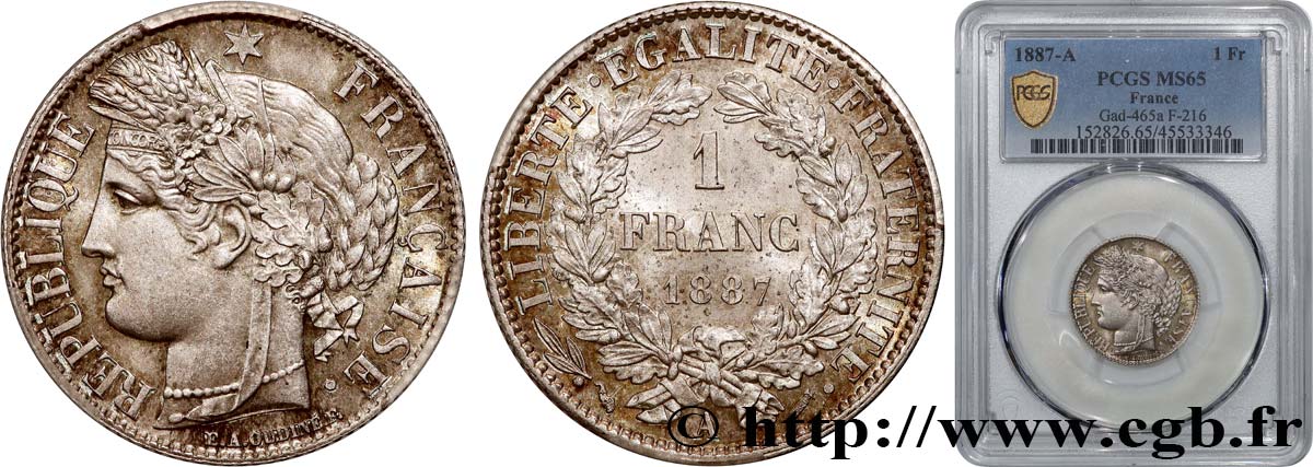 1 franc Cérès, IIIe République 1887 Paris F.216/9 FDC65 PCGS