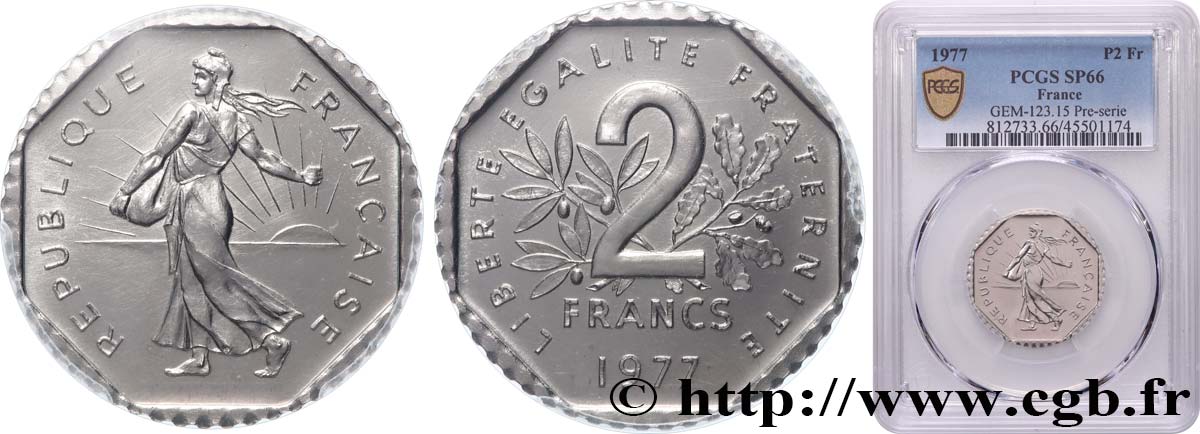 Pré-série de 2 francs Semeuse, nickel, sans le mot essai, flan rond, listel octogonal, 6,93 g 1977 Pessac GEM.123 15 MS66 PCGS