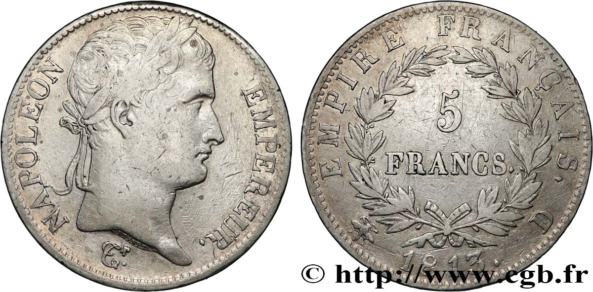 5 francs Napoléon Empereur, Empire français 1813 Lyon F.307/62 TB+ 
