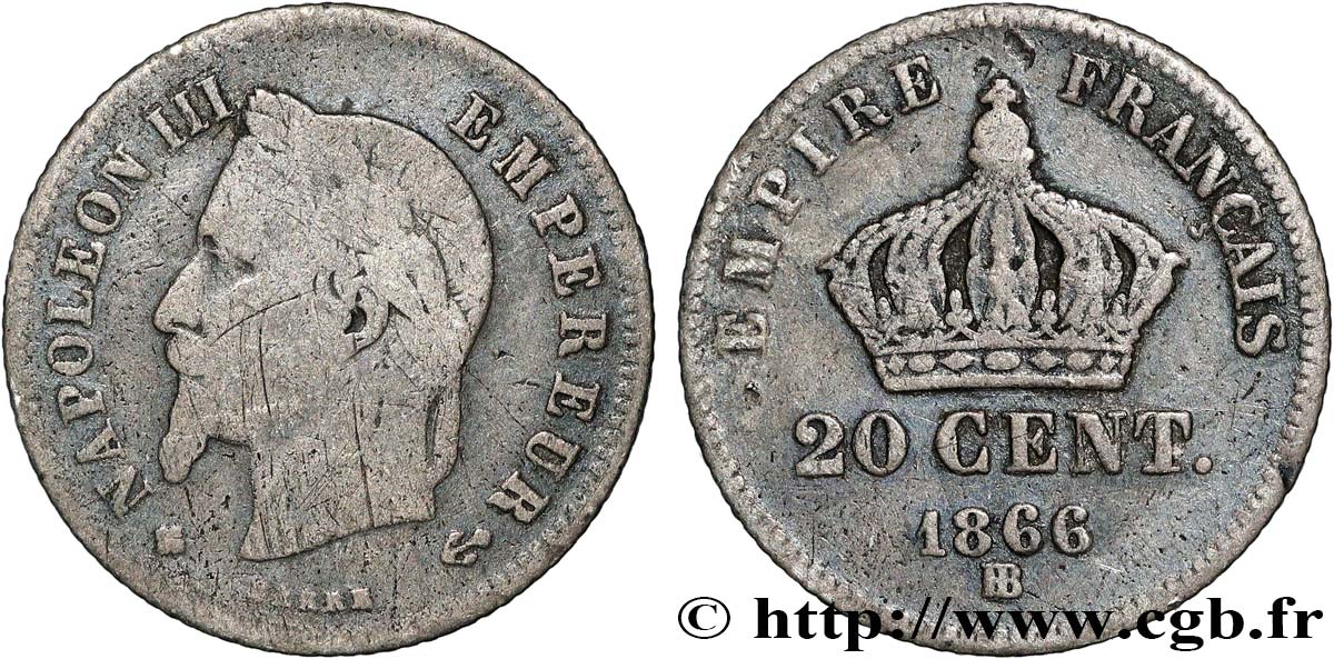 20 centimes Napoléon III, tête laurée, petit module 1866 Strasbourg F.149/5 B 