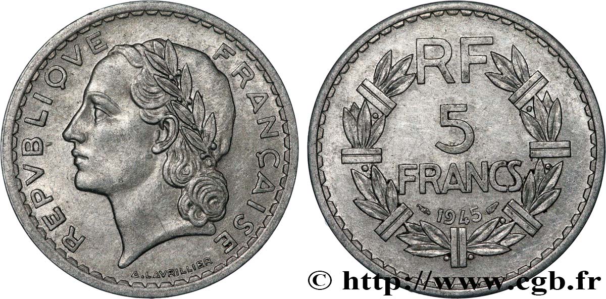 5 francs Lavrillier, aluminium, 9 ouvert 1945  F.339/3 SPL+ 