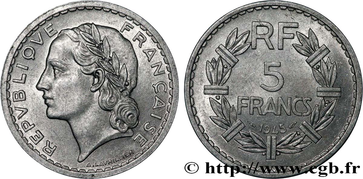 5 francs Lavrillier, aluminium, 9 ouvert 1945  F.339/3 VZ+ 
