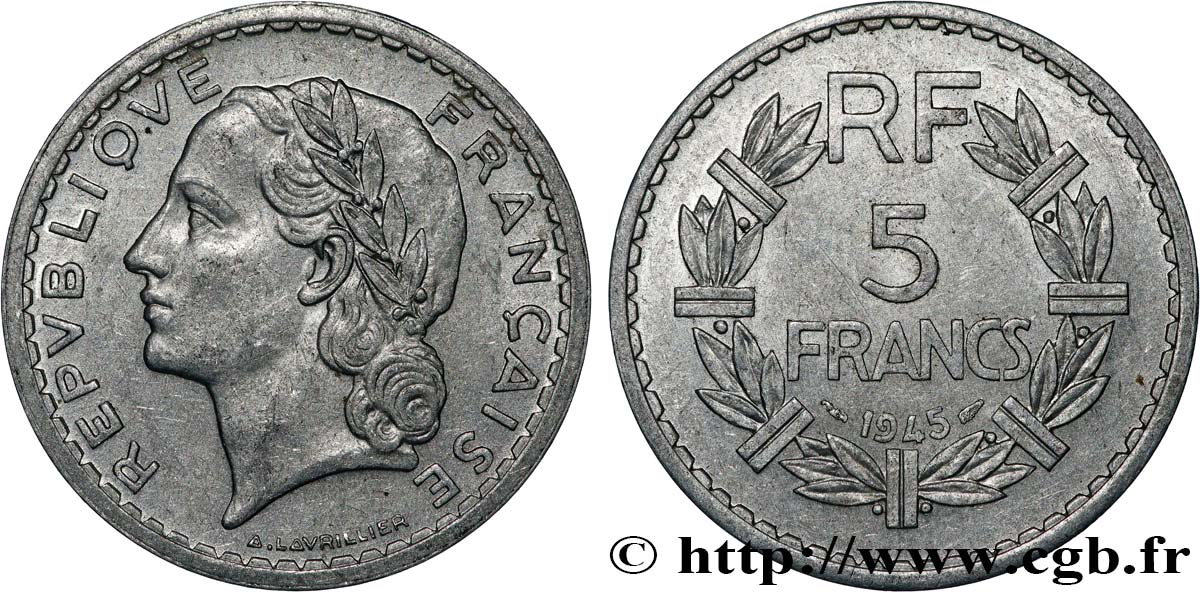 5 francs Lavrillier, aluminium, 9 ouvert 1945  F.339/3 SUP 