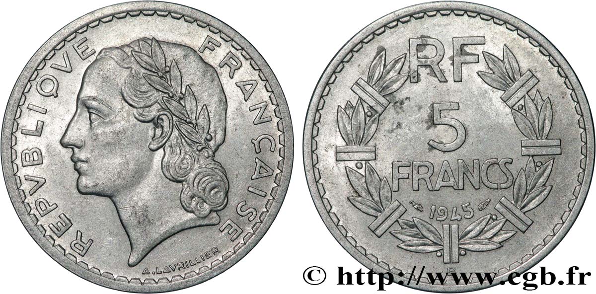 5 francs Lavrillier, aluminium 1945 Beaumont-Le-Roger F.339/4 XF 