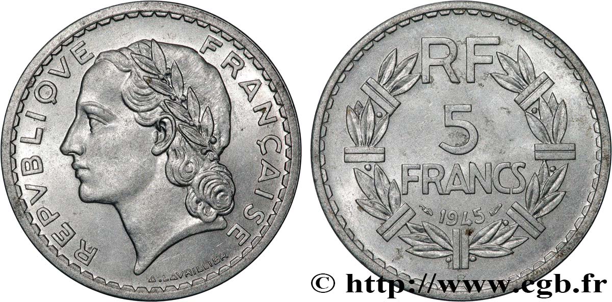 5 francs Lavrillier, aluminium 1945 Beaumont-Le-Roger F.339/4 q.SPL 