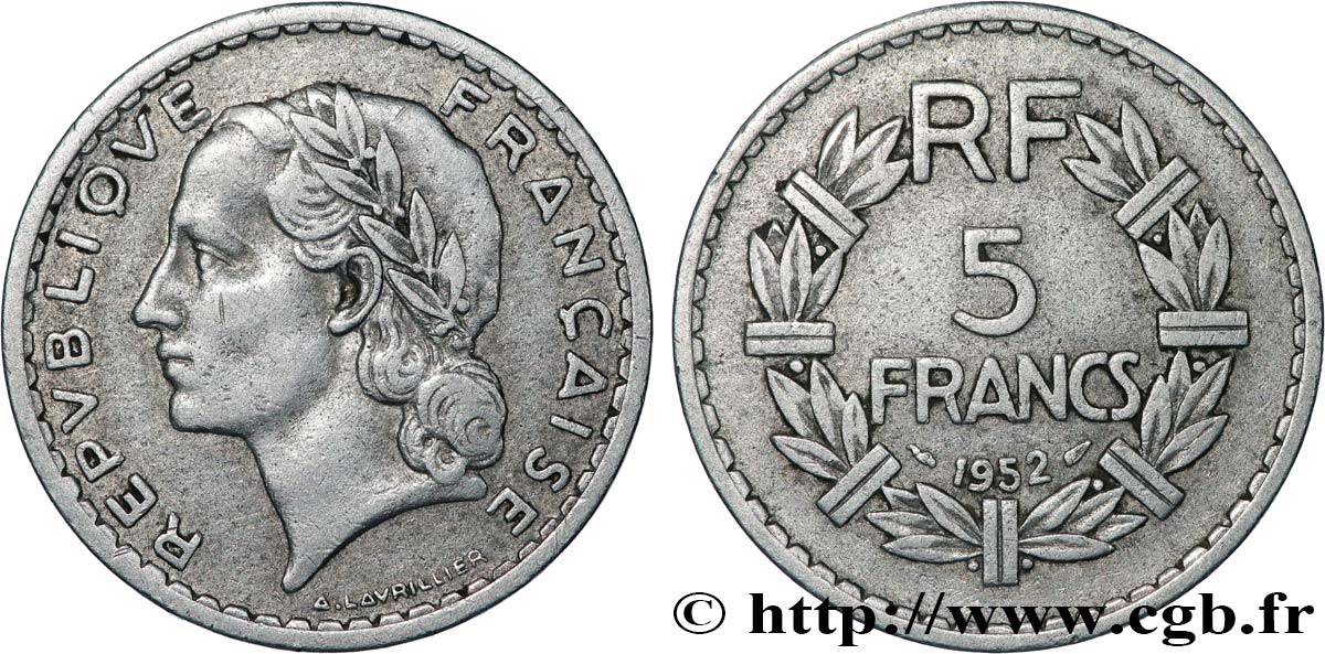 5 francs Lavrillier, aluminium 1952  F.339/22 VF 