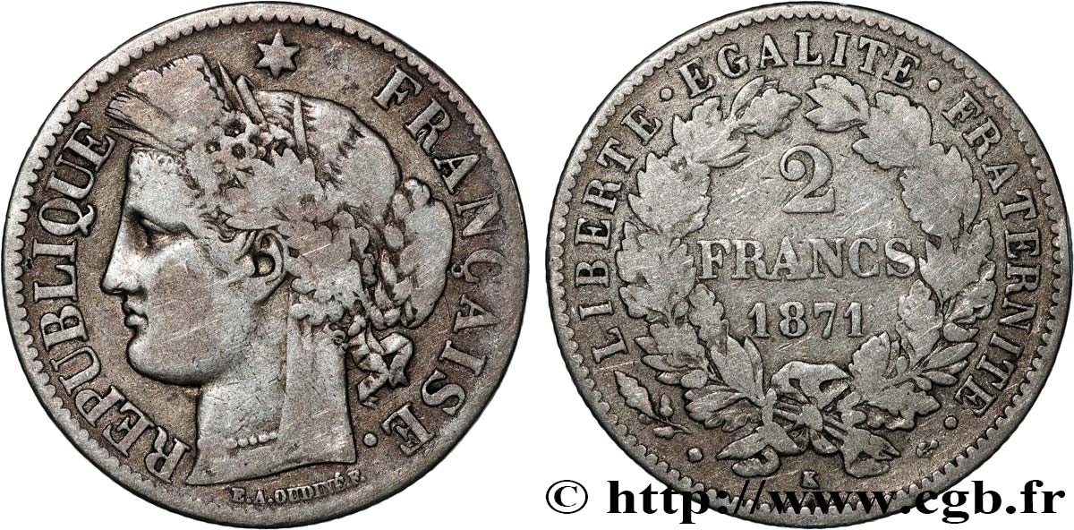 2 francs Cérès, avec légende 1871 Bordeaux F.265/7 TB 