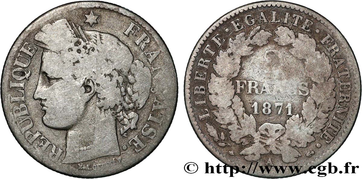 2 francs Cérès, avec légende 1871 Paris F.265/5 B 