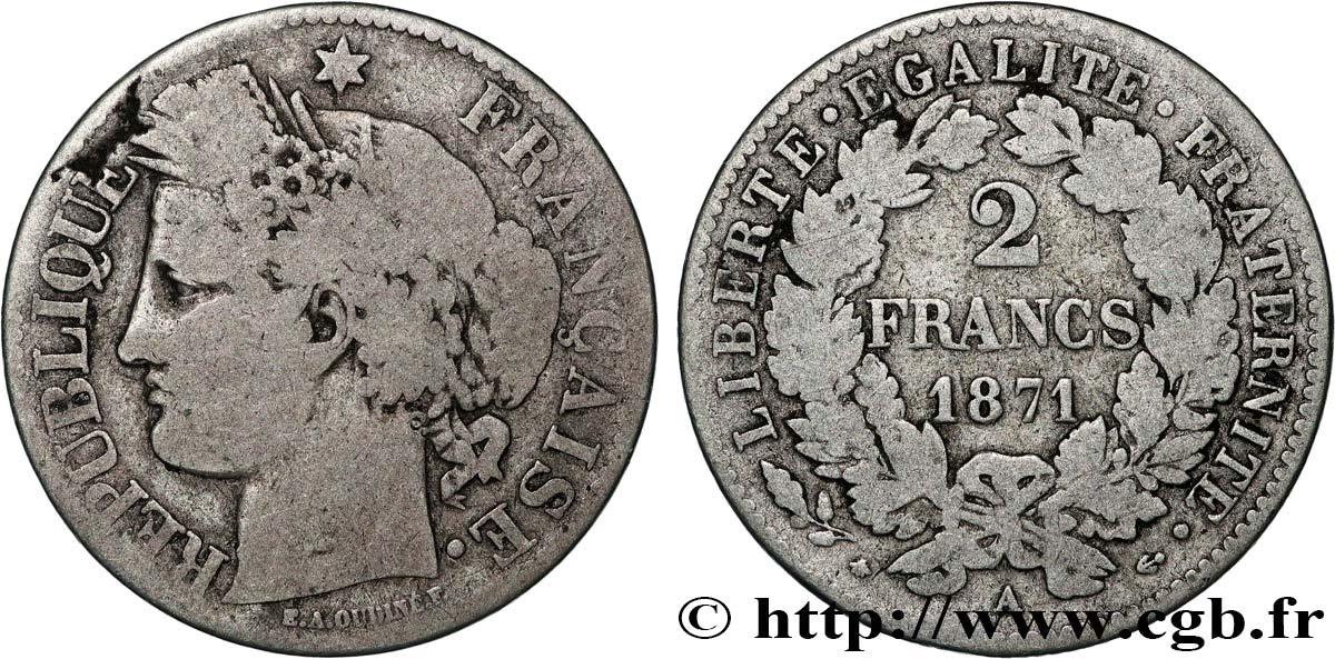 2 francs Cérès, avec légende 1871 Paris F.265/5 B 