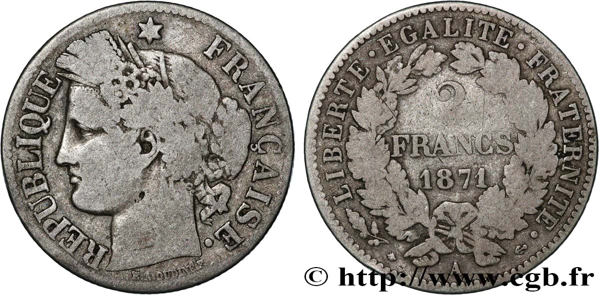 2 francs Cérès, avec légende 1871 Paris F.265/3 B 