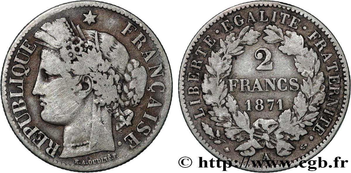 2 francs Cérès, avec légende 1871 Paris F.265/5 S 