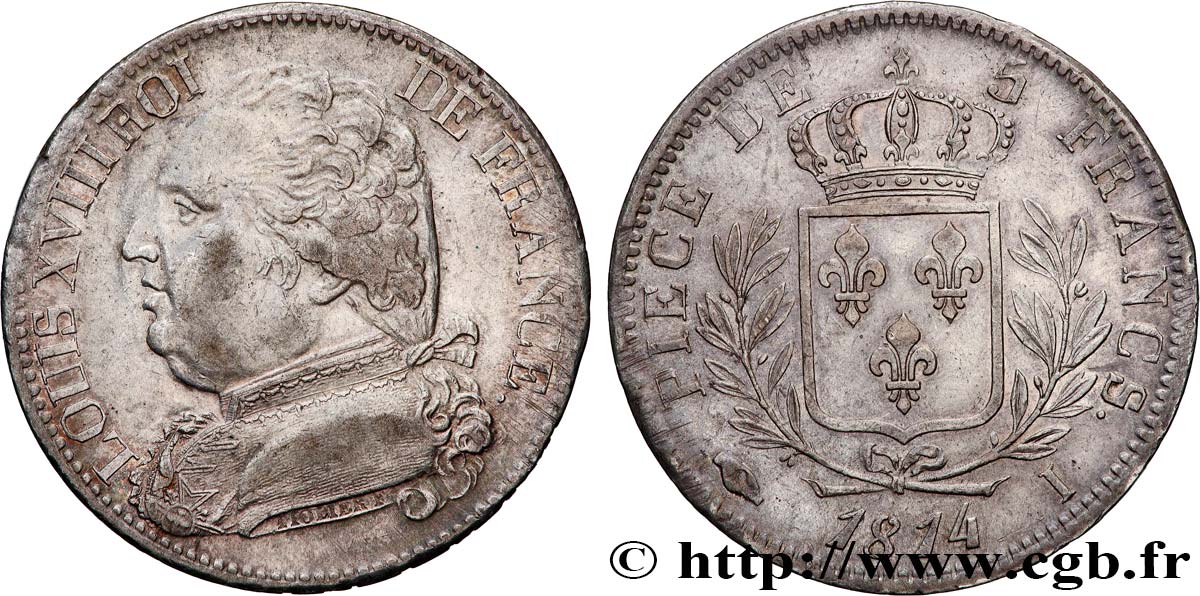 5 francs Louis XVIII, buste habillé 1814 Limoges F.308/6 AU53 