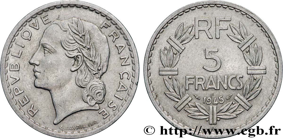 5 francs Lavrillier, aluminium 1945 Beaumont-Le-Roger F.339/4 MBC 