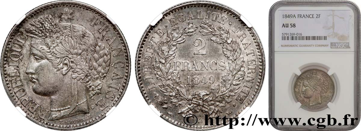 2 francs Cérès, IIe République 1849 Paris F.261/1 VZ58 NGC