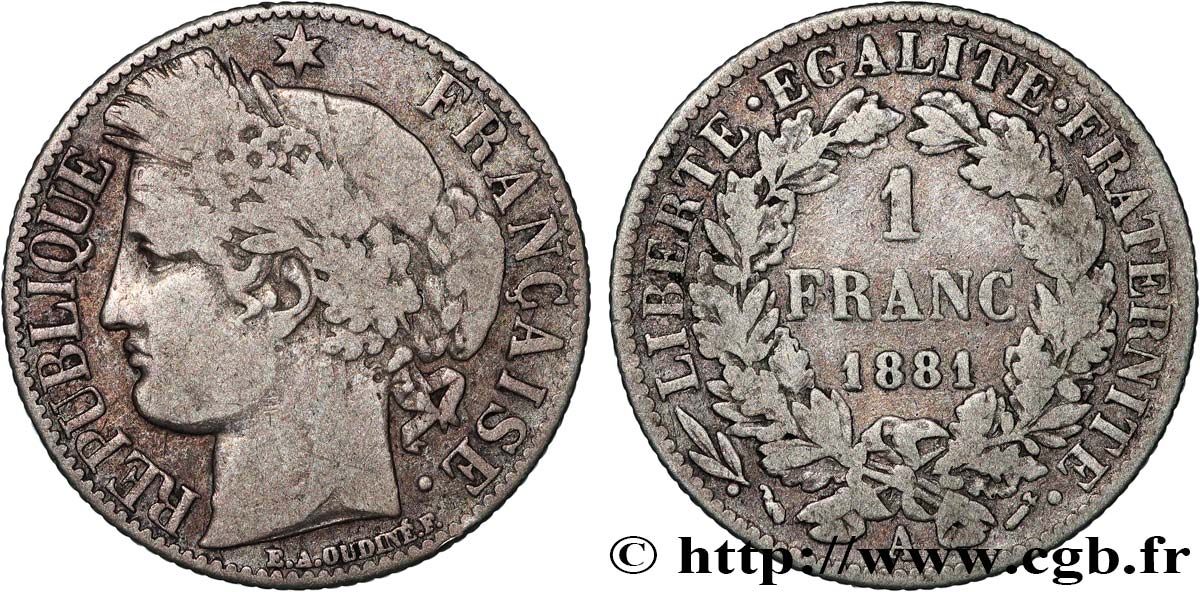 1 franc Cérès, Troisième République 1881 Paris F.216/8 B+ 
