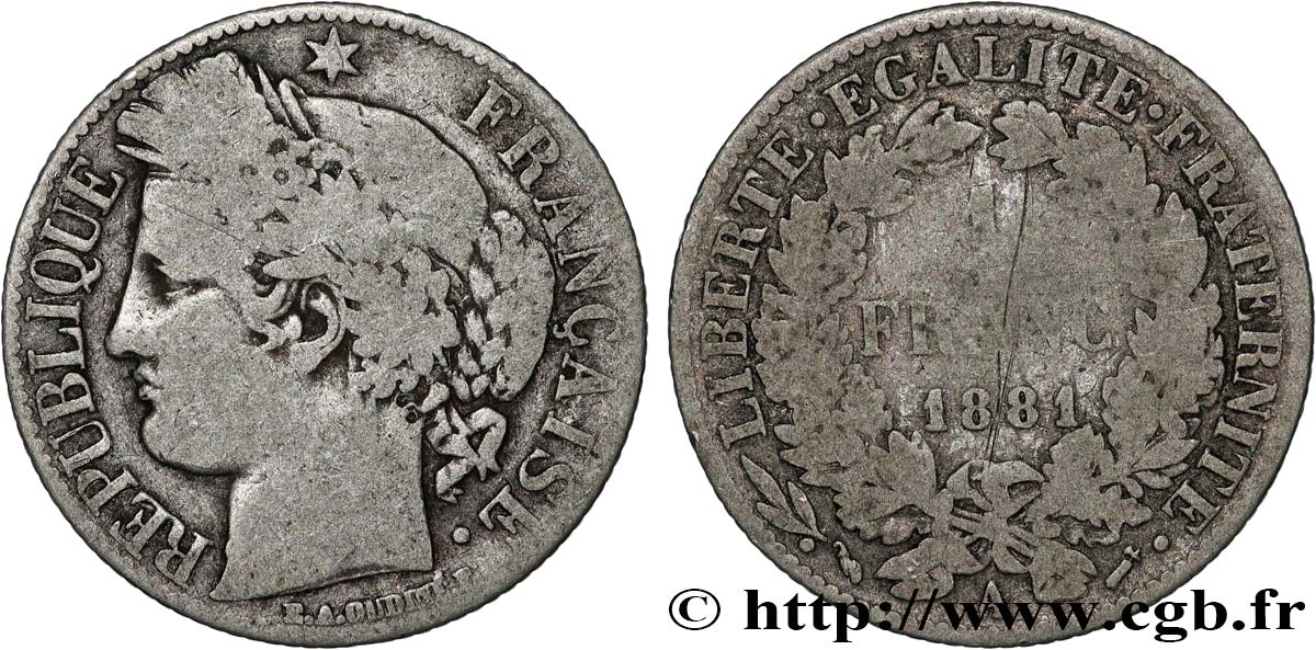 1 franc Cérès, Troisième République 1881 Paris F.216/8 VG 