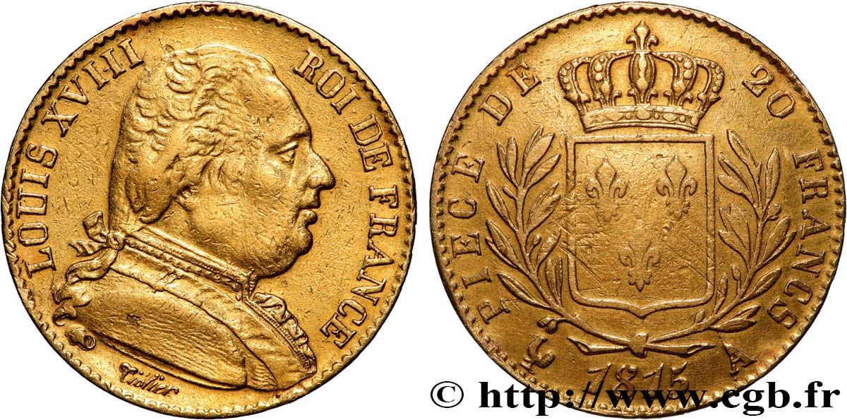 20 francs or Louis XVIII, buste habillé 1815 Paris F.517/10 VF 