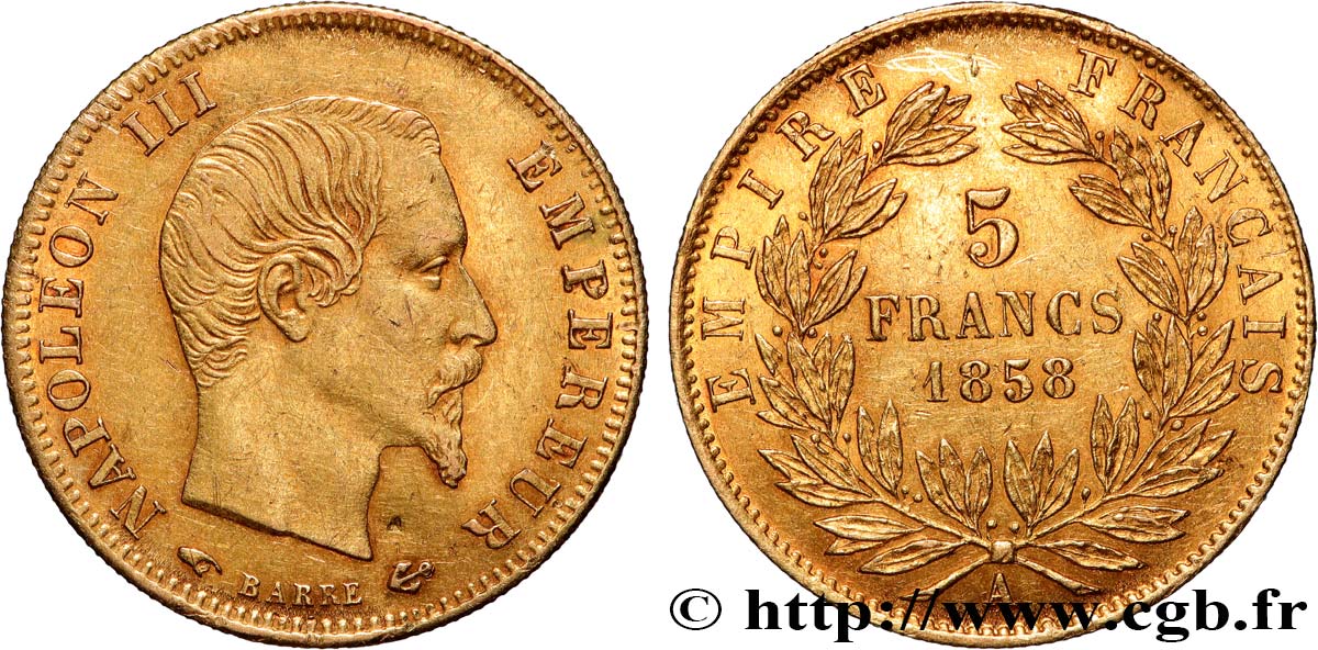 5 francs or Napoléon III, tête nue, grand module 1858 Paris F.501/5 TTB+ 