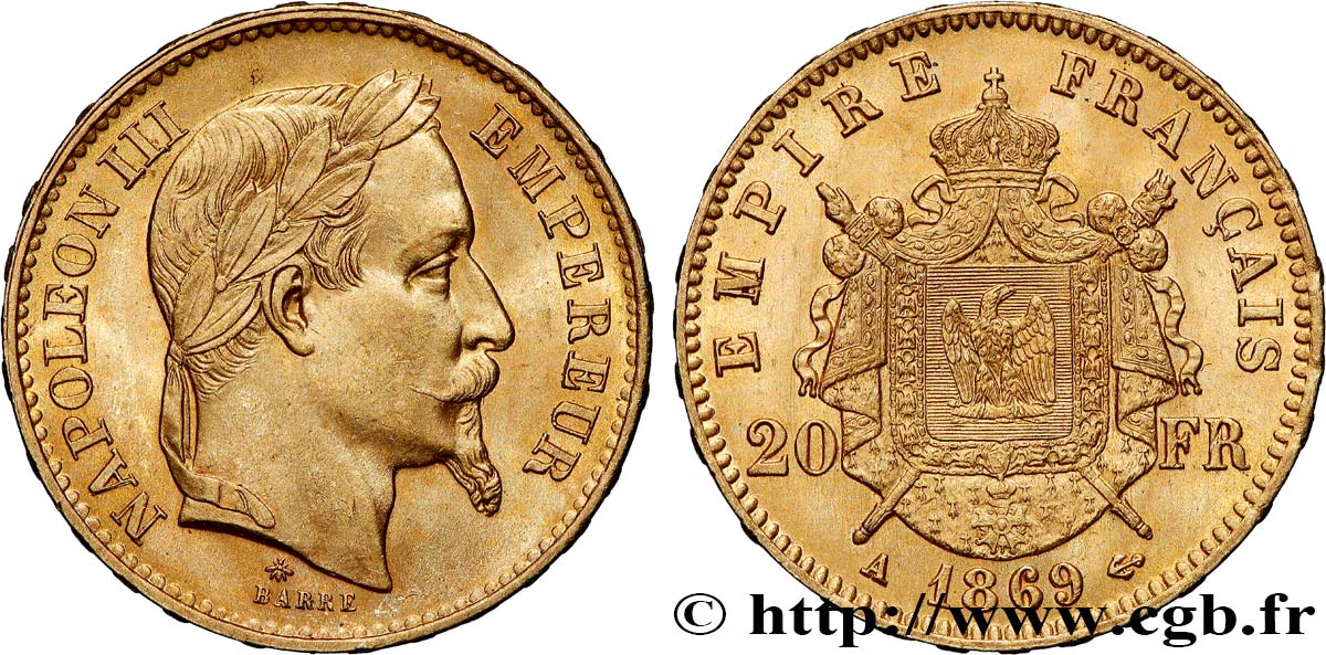 20 francs or Napoléon III, tête laurée 1869 Paris F.532/20 SPL63 
