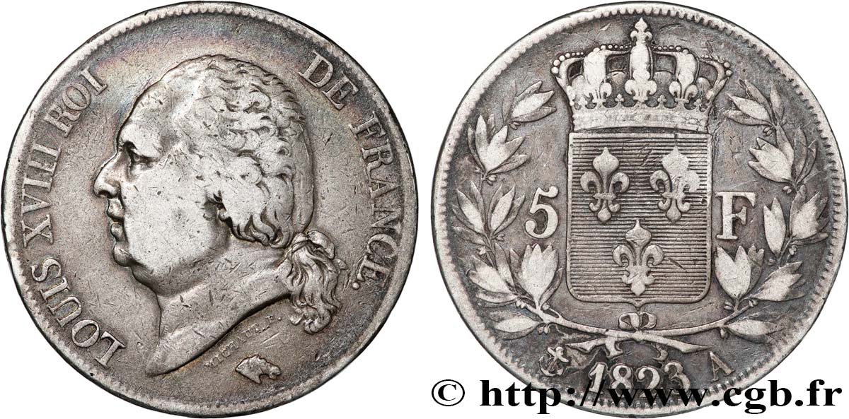 5 francs Louis XVIII, tête nue 1823 Paris F.309/76 TB 