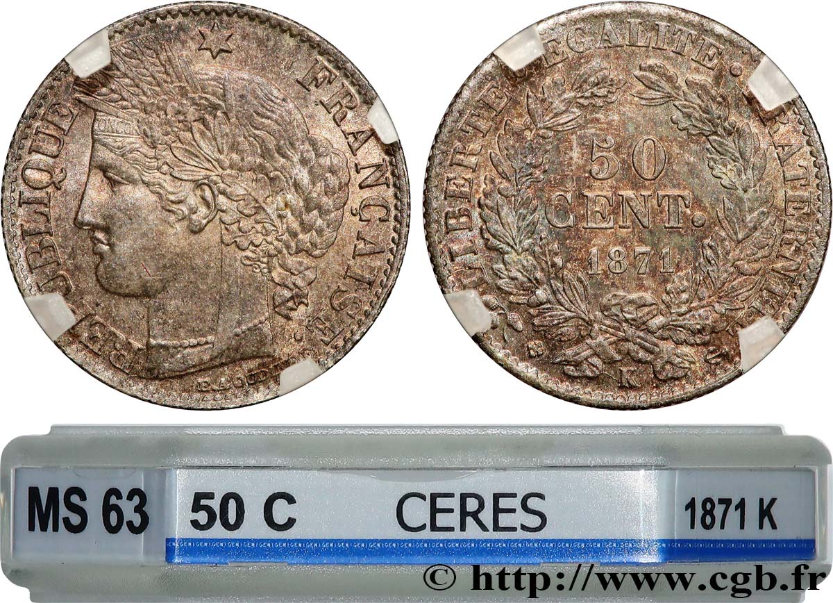 50 centimes Cérès, IIIe République 1871 Bordeaux F.189/2 fST63 GENI