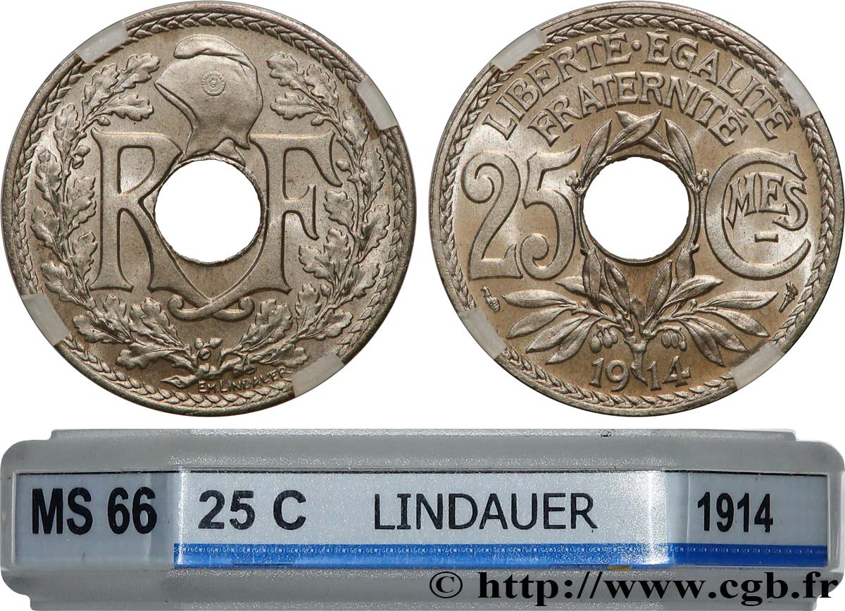 25 centimes Lindauer, Cmes souligné 1914  F.170/2 MS66 GENI