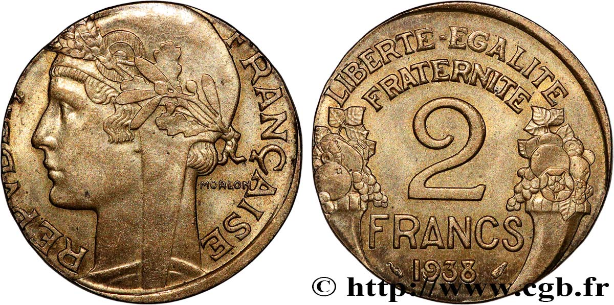 2 francs Morlon, Fautée sur un flan de 1 Franc 1938  F.268/11 var. SPL 