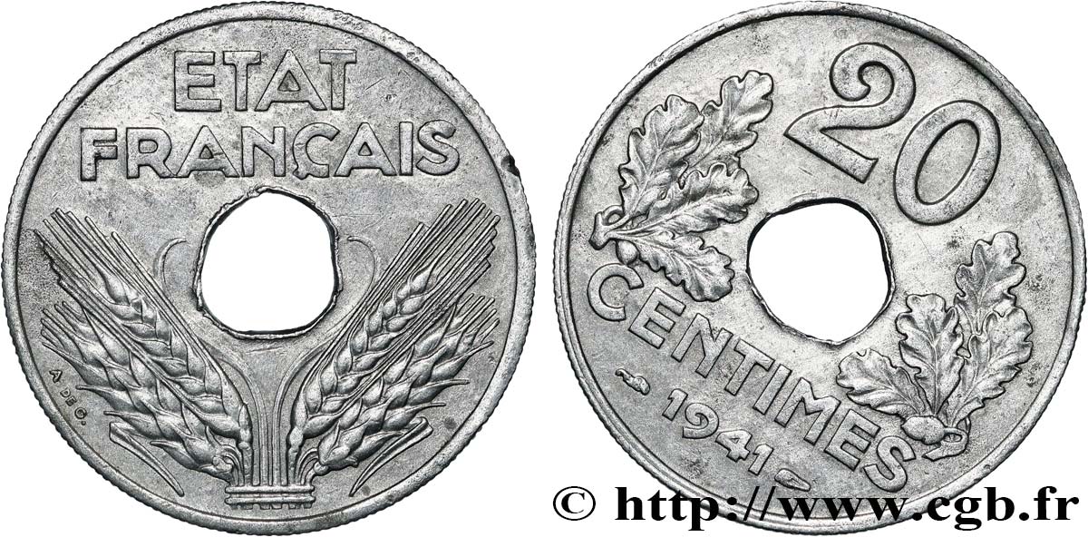 20 centimes État français, lourde, fauté décalage de +7 min 1941  F.153/2 var. TTB 