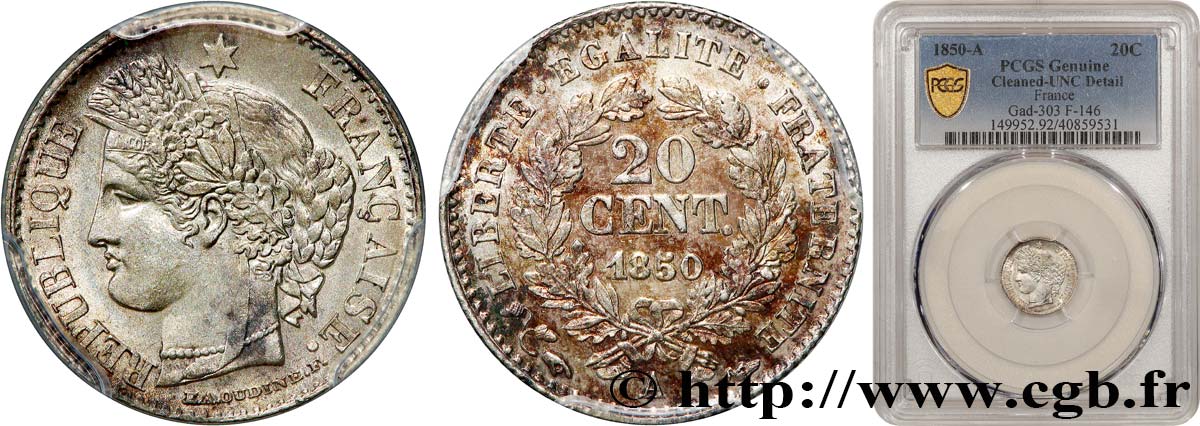 20 centimes Cérès, IIe République 1850 Paris F.146/3 SUP+ PCGS