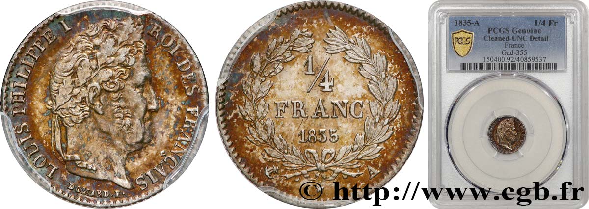 1/4 franc Louis-Philippe 1835 Paris F.166/49 EBC+ PCGS