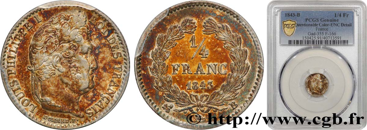 1/4 franc Louis-Philippe 1843 Rouen F.166/94 SUP+ PCGS