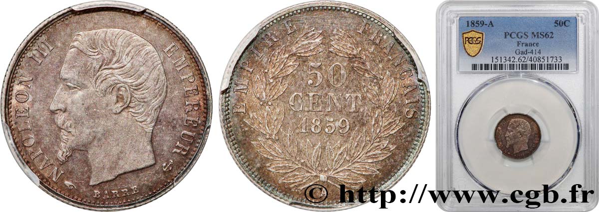 50 centimes Napoléon III, tête nue 1859 Paris F.187/10 MS62 PCGS