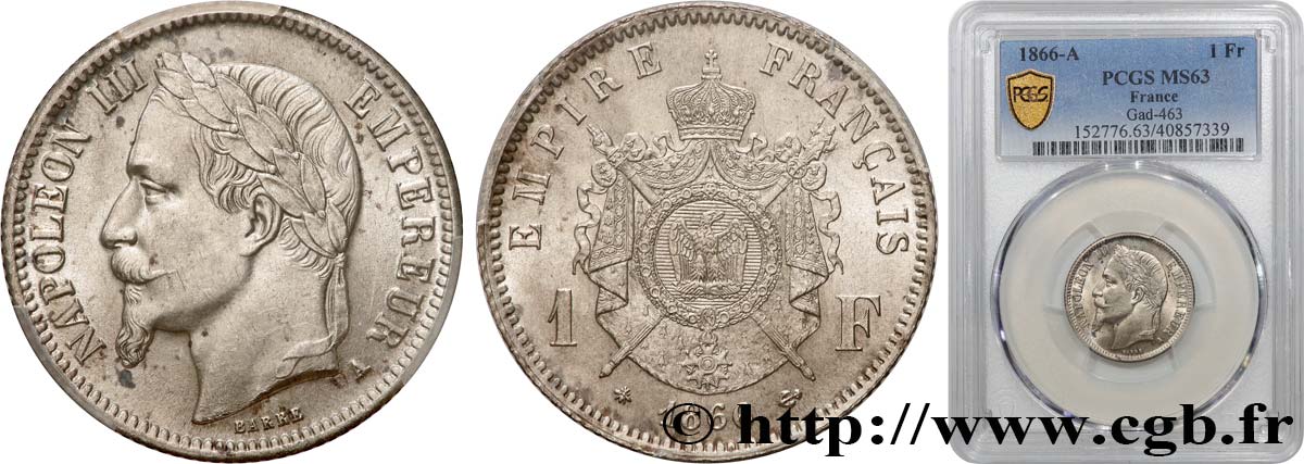 1 franc Napoléon III, tête laurée 1866 Paris F.215/3 SPL63 PCGS