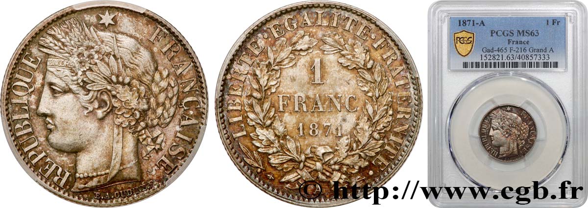 1 franc Cérès, IIIe République, grand A 1871 Paris F.216/1 SPL63 PCGS