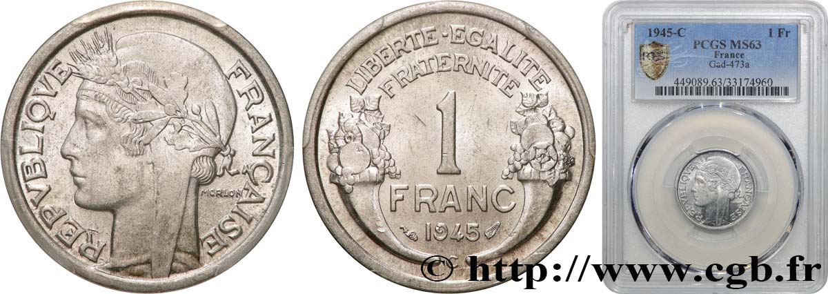 1 franc Morlon, légère 1945 Castelsarrasin F.221/8 SPL63 PCGS