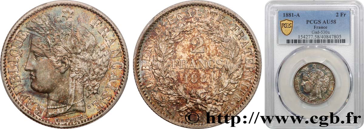 2 francs Cérès, avec légende 1881 Paris F.265/12 AU58 PCGS