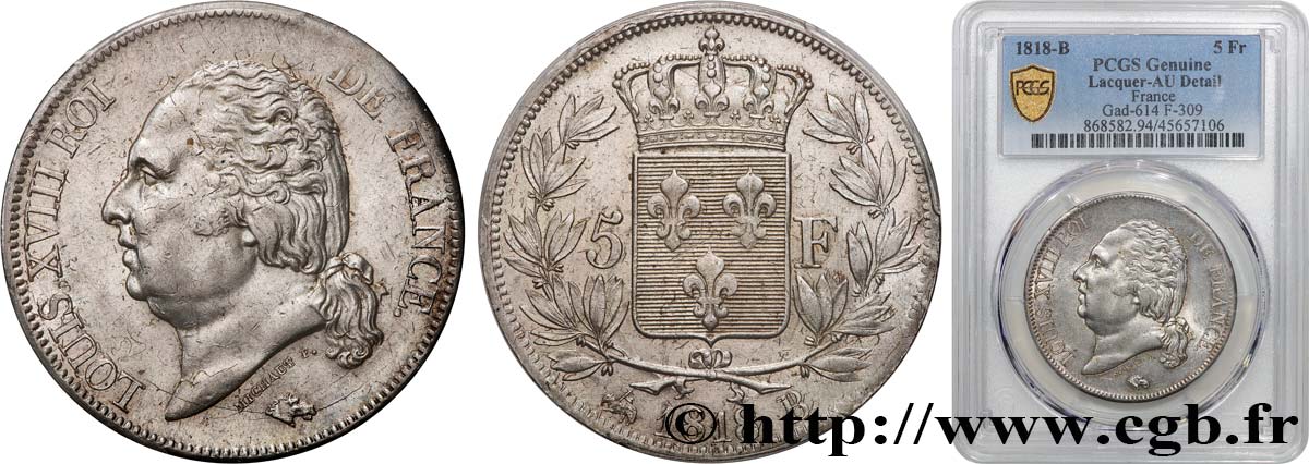 5 francs Louis XVIII, tête nue 1818 Rouen F.309/29 AU PCGS