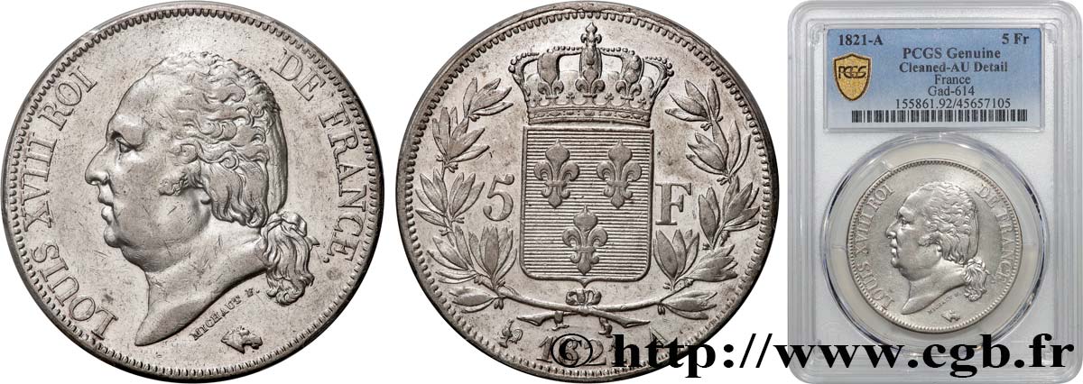 5 francs Louis XVIII, tête nue 1821 Paris F.309/60 AU PCGS