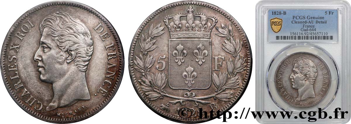 5 francs Charles X, 2e type 1828 Rouen F.311/15 AU PCGS