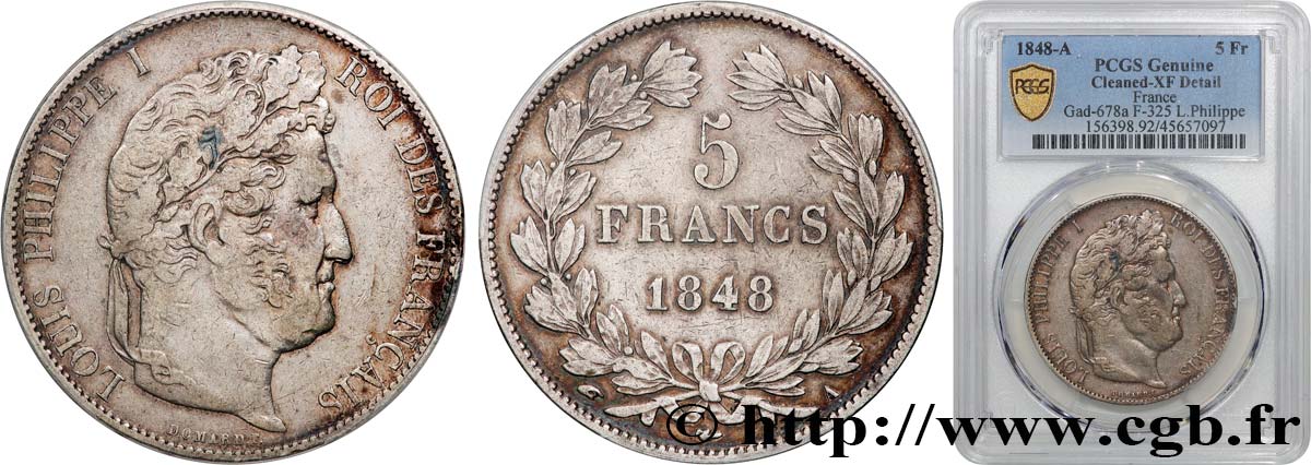 5 francs IIIe type Domard 1848 Paris F.325/17 MBC PCGS