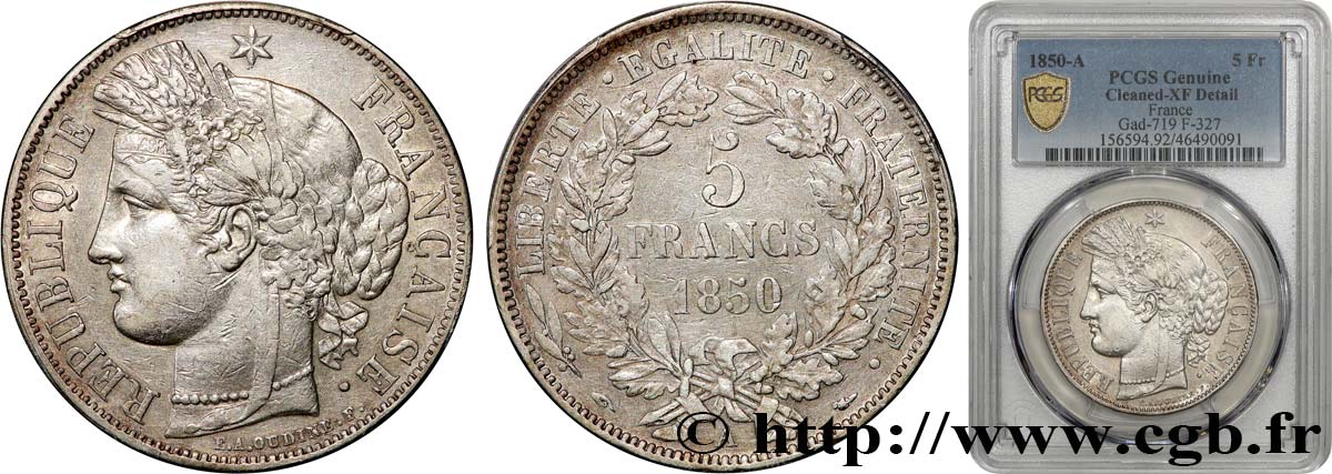 5 francs Cérès, IIe République 1850 Paris F.327/4 TTB PCGS