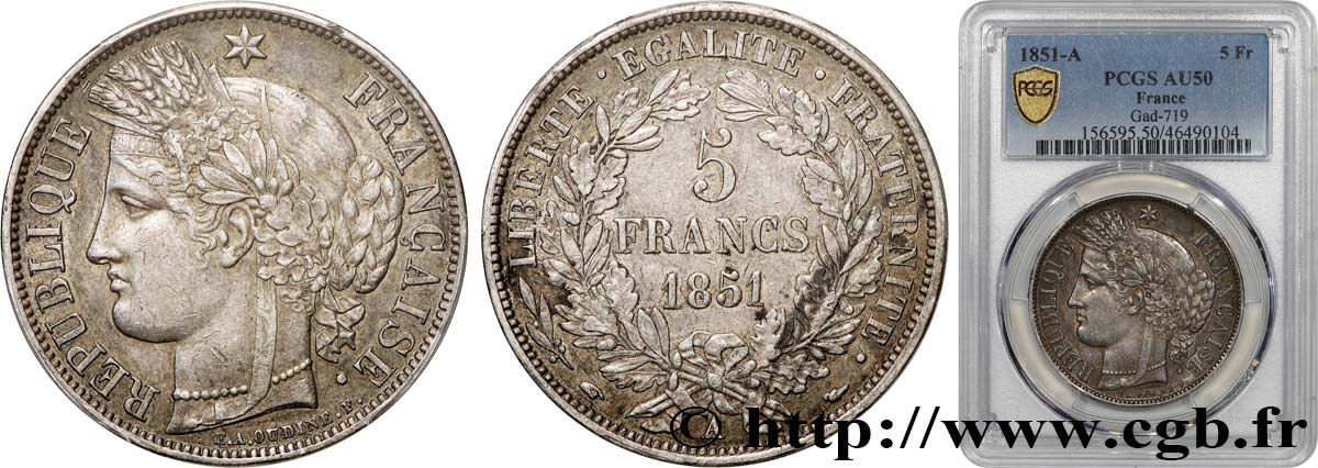 5 francs Cérès, IIe République 1851 Paris F.327/7 BB50 PCGS