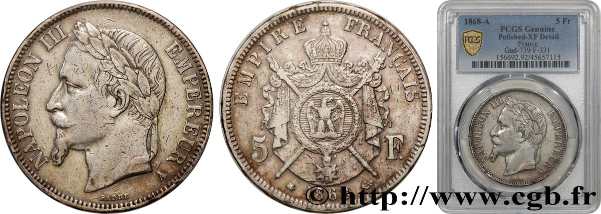 5 francs Napoléon III, tête laurée 1868 Paris F.331/12 TTB PCGS