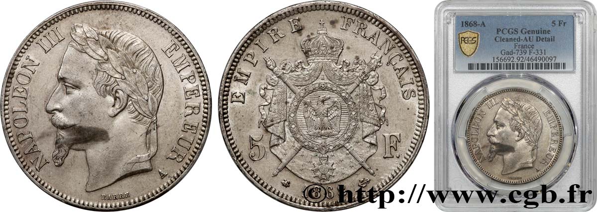 5 francs Napoléon III, tête laurée 1868 Paris F.331/12 fVZ PCGS